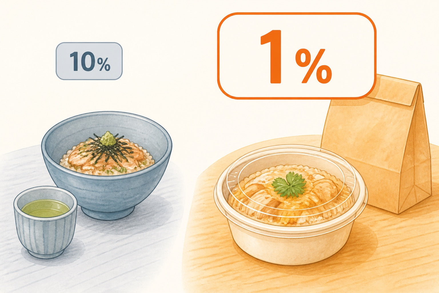 店内10%と持ち帰り1%の対比イラスト（陶器の丼とテイクアウト容器）