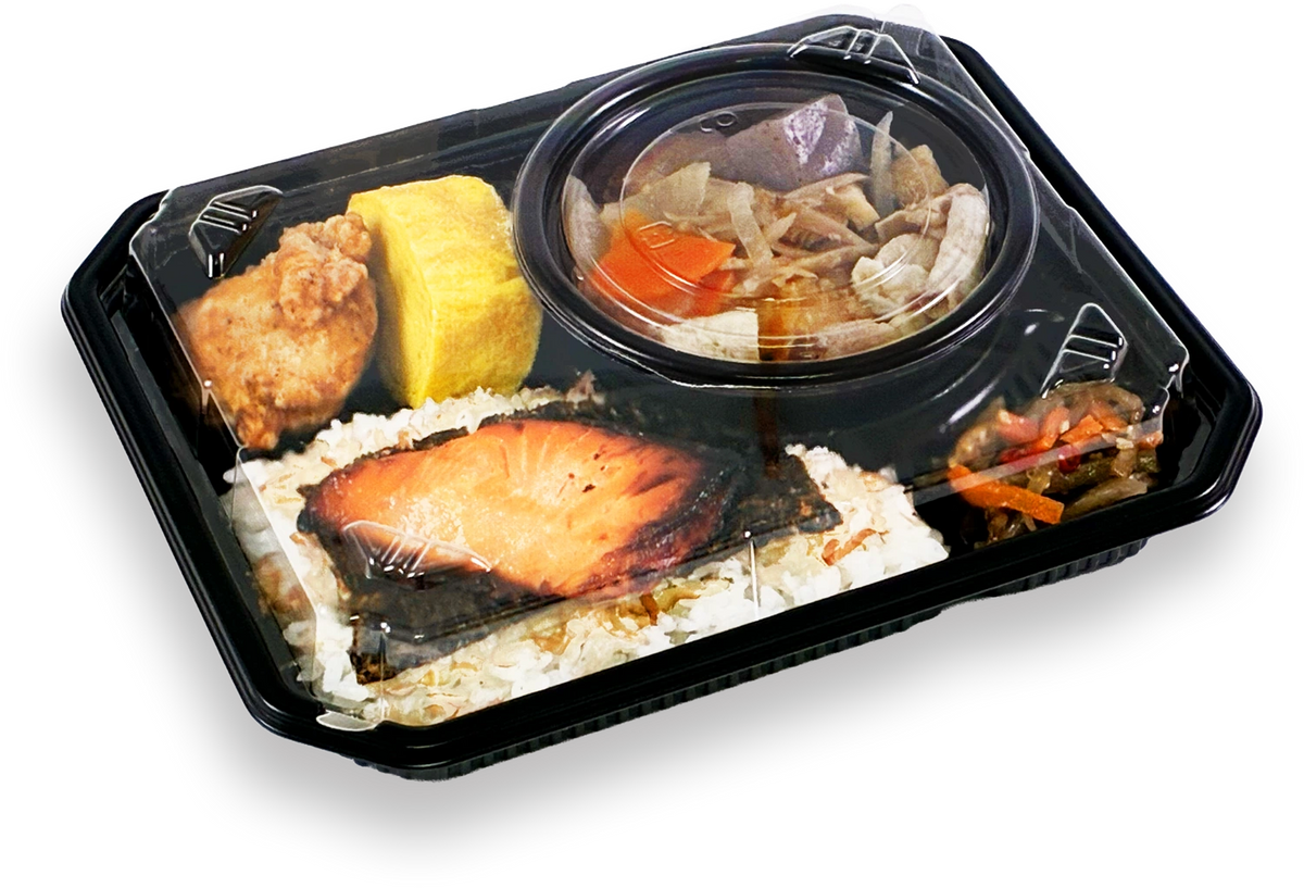 BFランチ内76-1 黒：鮭弁当と汁物の盛付例（蓋付き）