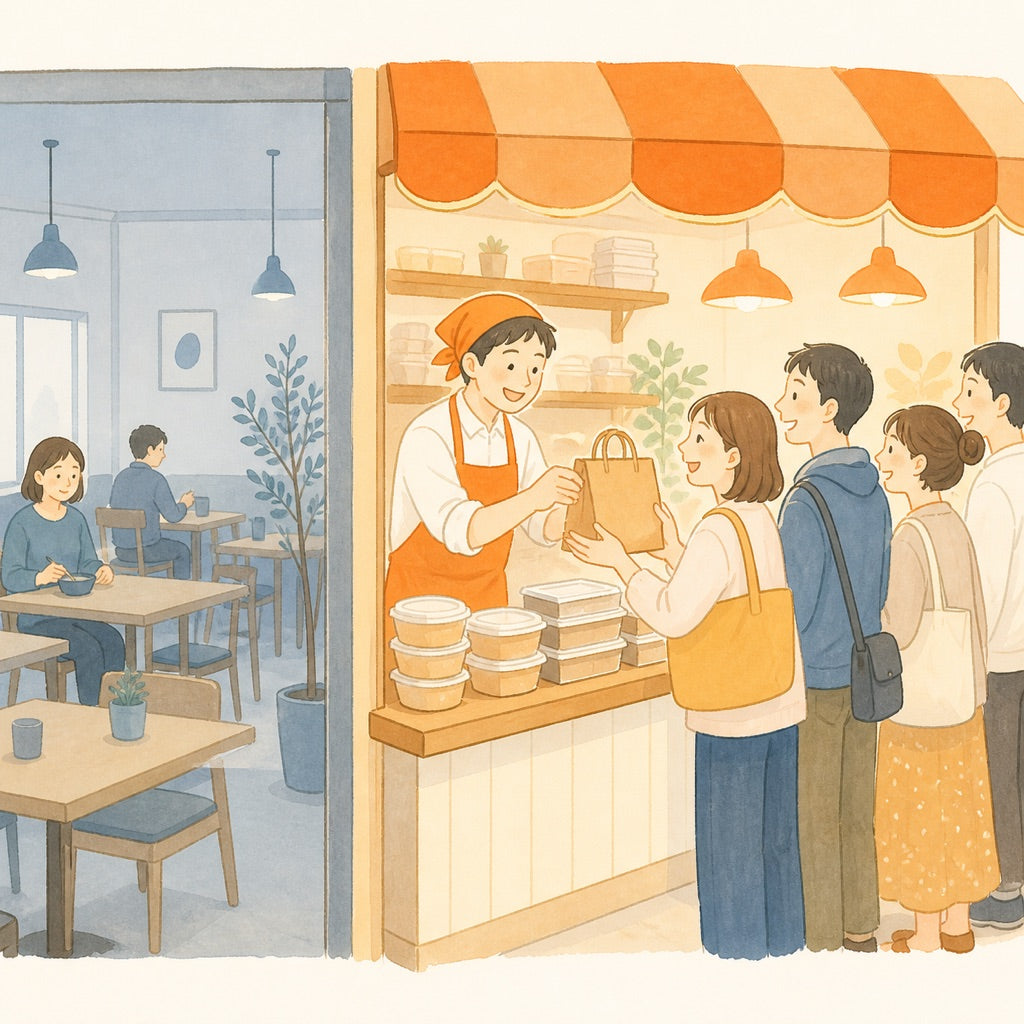 テイクアウトカウンターで賑わう店と、静かな店内席の対比イラスト